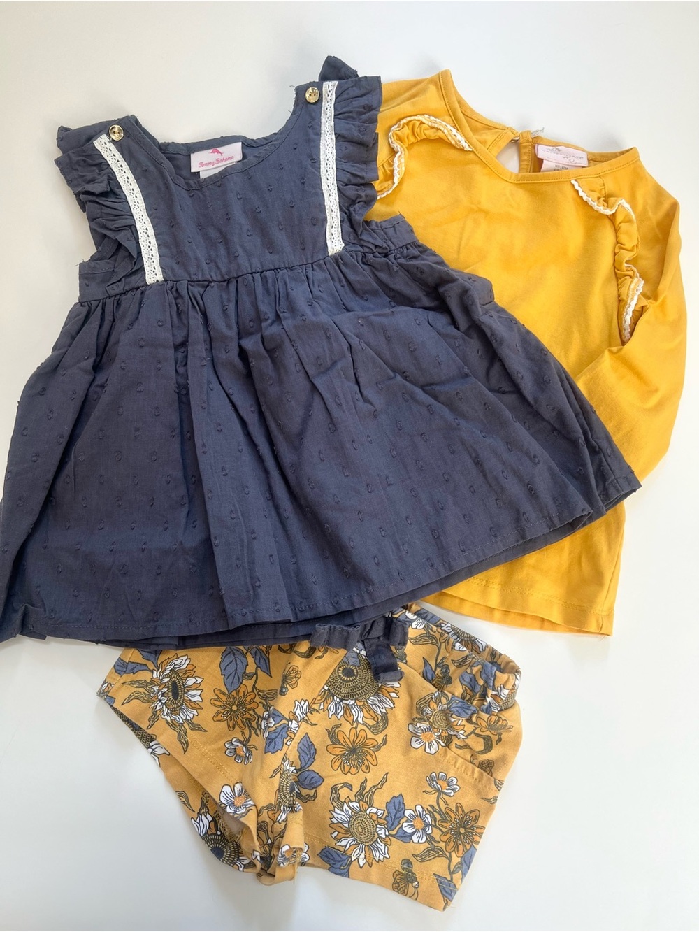 Tommy Bahama blue Ruffle Baby top &  Mustard Top with Floral shorts size 12m
